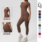 Spot cross-border double-sided brushed tight-fitting breathable solid color training yoga clothes eight-piece set sports running fitness clothes for women