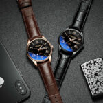 Langlish waterproof luminous watch male student fashion Korean version trend dual calendar ultra-thin leather quartz watch - Image 3