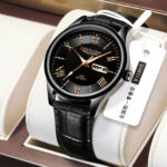 Langlish waterproof luminous watch male student fashion Korean version trend dual calendar ultra-thin leather quartz watch